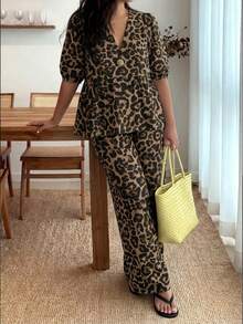 Enliva Plus Size Leopard Print Shirt And Pants 2 Pieces Set, For Apple And Rounded Holiday Vacation Summer Boho - Multicolor - View 4
