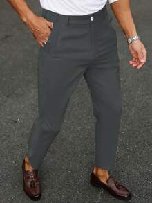 Manfinity Mode Men's Solid Color Woven Twill Pants With Pockets, Formal - Dark Grey - View 5