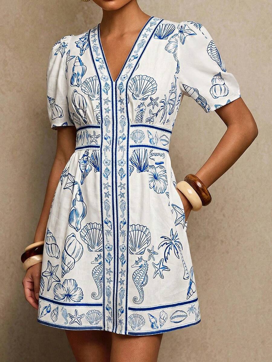 Amorya Đầm ngắn tay cổ chữ V ôm sát dành cho nữ, in họa tiết, vải dệt in hình biển, đầm ngắn hoa, đầm dạ hội sang trọng cho đám cưới, trang phục dự tiệc Giáng sinh, trang phục đón năm mới, trang phục Lễ Tạ ơn, đầm dự tiệc thanh lịch - Nhiều màu - Xem 1