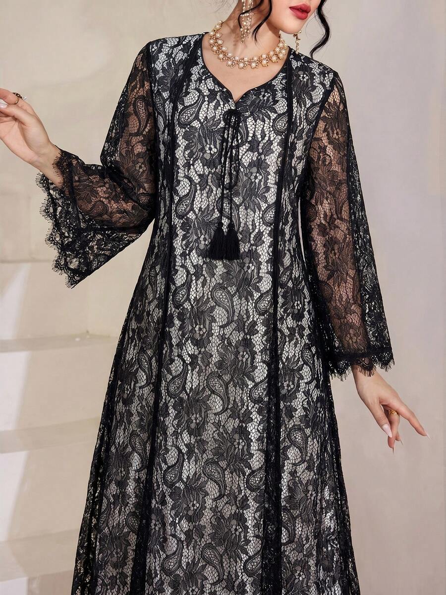 SHEIN Najma 女式方领蕾丝流苏七分袖喇叭连衣裙
