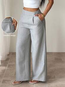 SHEIN PETITE CURVE 大码女式竹纤维面料腰部前扣设计优雅教师制服休闲裤 - 灰色 - 查看 1