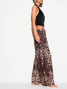 KIZN Pantalón de pierna ancha con estampado de leopardo, estampado animal en toda la prenda y cintura media - Multicolor - Ver 5