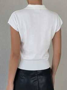 DAZY Solid Color Off-Shoulder Short Sleeve Fitted Knit Top For Women - White - View 2