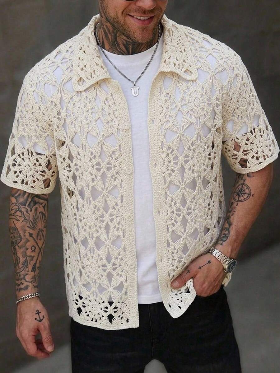 Manfinity RSRT Áo khoác cardigan cổ polo nam móc len họa tiết hoa 3D phong cách thường ngày - Màu be - Xem 1