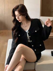 DAZY Women's Solid Color Button Decorated Overcoats,Fall Clothes Women Jacket Vest - Black - View 8