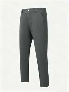 Manfinity Mode Men's Solid Color Woven Twill Pants With Pockets, Formal - Dark Grey - View 3