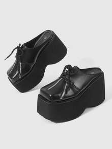 ROMWE Grunge Punk Giày sandal đế xuồng cao gót thời trang nữ, kiểu dáng punk mùa xuân thu, khóa kéo phía trước, buộc dây trang trí, một gót duy nhất, đa năng cho tiệc tùng, kỳ nghỉ, hộp đêm, hoạt động ngoài trời. - màu đen - Xem 1