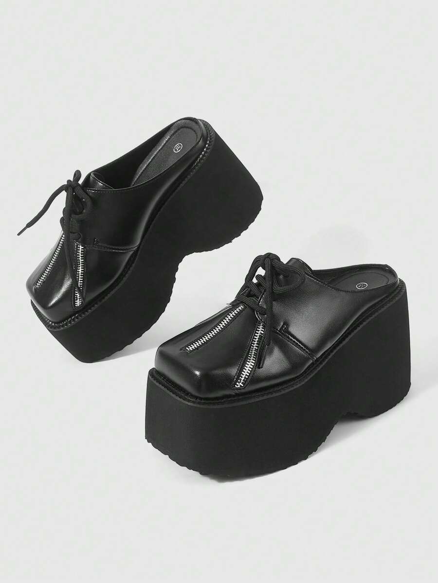 ROMWE Grunge Punk Giày sandal đế xuồng cao gót thời trang nữ, kiểu dáng punk mùa xuân thu, khóa kéo phía trước, buộc dây trang trí, một gót duy nhất, đa năng cho tiệc tùng, kỳ nghỉ, hộp đêm, hoạt động ngoài trời. - màu đen - Xem 1