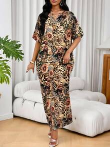 SHEIN Lady 四季通用度假洋裝／婚禮賓客穿搭／舞會禮服／金色女款緞面提花前開衩洋裝，休閒派對優雅晚裝 - 彩色 - 查看 3