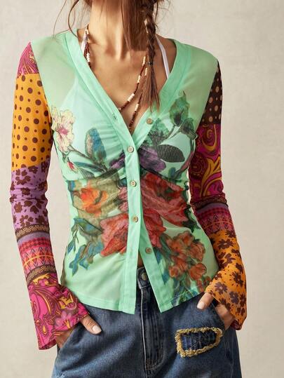 Bohemela Women's Casual Knit Mesh Floral Pattern Single-Breasted Top