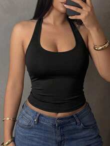 Dazy Plus Solid Color Elastic Fitted Cropped Camisole, Spring/Summer - Black - View 1