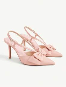 CUCCOO CHICEST 黑色緞面斜紋布與網布拼接時尚性感優雅婚禮季尖頭綁帶高跟單鞋 - 胭脂粉PU - 查看 2