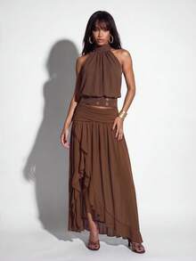 Normani Chân váy xếp ly xẻ tà thanh lịch thời trang nữ - màu nâu - Xem 5