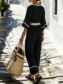 SHEIN Women's V-Neck Apricot Linen-Feel Bamboo Knit Contrast Color Jumpsuit, Suitable For Vacation And Beach - Black and White - View 2