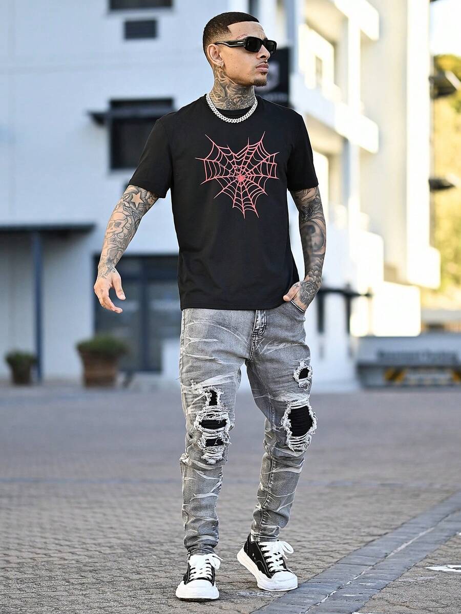 Devon Thys 男士破洞磨边紧身牛仔裤,纯色修身长款浅灰色工装牛仔裤,适合送给老公、男朋友的礼物 - 灰色 - 查看 1