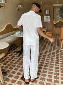 Ngobest Haus Ngobest Haus 2pcs Men Casual Solid Color Textured Short Sleeve Shirt And Drawstring Waist Loose Straight-Leg Pants Set, Men Two Pieces Outfits, Men Clothes, Cozy Outfits - White - View 2