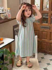 DAZY Vestido de niña bebé con bloques de color, rayas y ribete de volantes, cuello redondo, para verano, para niños pequeños - Verde - Ver 3