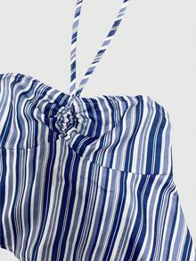 Sweetra Women's Spaghetti Strap Bowknot Waist Cinching A-Line Long Tunic Top & Asymmetrical Striped Skirt 2-Piece Set, Elegant & Fashionable - Royal Blue - View 7