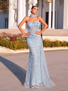 Glamrae Đầm quây màu xanh dương thanh lịch, lãng mạn, thời trang, trang nhã với chất liệu vải thêu, điểm xuyết hoa 3D thủ công, phần thân trên có gọng, chân váy đuôi cá, phù hợp cho các bữa tiệc sang trọng, trang phục dự đám cưới, tiệc độc thân, tiệc tối trang trọng. - Màu xanh lam - Xem 7