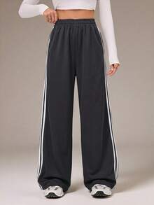 SHEIN Tall Pantalones casuales grises con rayas laterales, moda sencilla para uso diario, para mujeres altas - Gris Oscuro - Ver 3