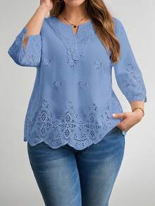 SHEIN LUNE 大码夏季休闲纯色镂空刺绣衬衫 - 淺藍色 - 查看 4