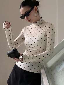 FRIFUL Women's Autumn Ruffle Collar Long Sleeve Polka Dot Blouse Sheer - Apricot - View 11