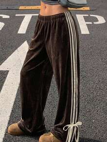 FRIFUL Women Contrast Color Stripe Tied Loose Casual Pants - Brown - View 8