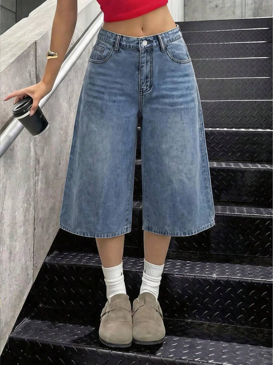 Teen GirlLoose Fit Wide Leg Blue Jeans - Medium Wash - View 1