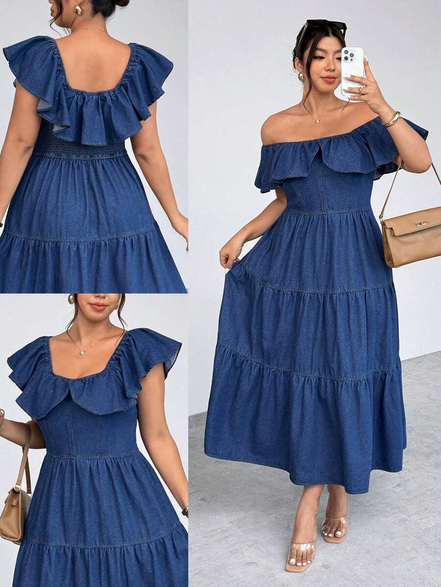 Firerie Plus Size Women Patchwork Ruffle Back Denim Dress Autumn Formal Wedding Guest Vacation Navy Blue Casual Sexy - Dark Wash - View 1