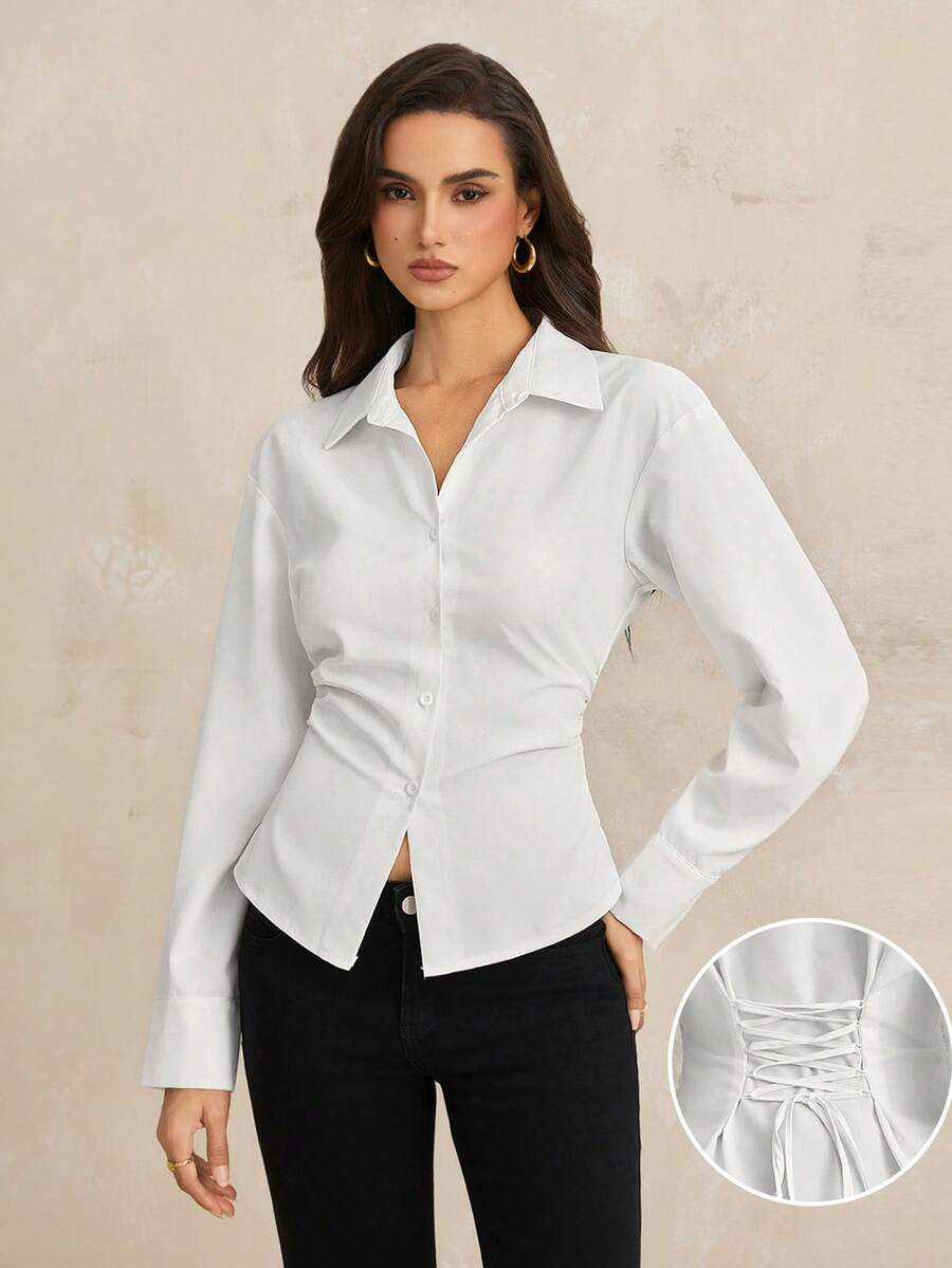 SHEIN Tall Camisa casual de mujer de unicolor de manga larga y abotonadura sencilla - Blanco - Ver 1
