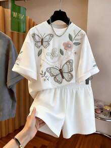 SHEIN Franclia 女士白色花卉蝴蝶印花圆领上衣T恤+直筒短裤两件套，适合夏季和秋季休闲居家穿着，2026新款 - 白色 - 查看 4