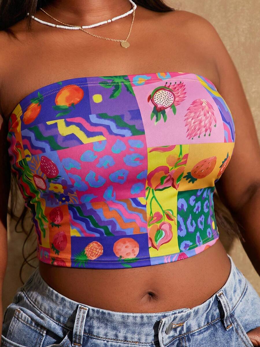SHEIN SXY 大码女装春夏休闲度假仿毛皮针织印花修身抹胸上衣,多色可选。适合日常穿着、音乐节、演唱会、狂欢派对、海滩度假、约会之夜、生日派对、单身派对、夜店、休闲、购物、街头风、外出、性感等场合,易于搭配,显瘦,凸显身材,修饰身形。 - 彩色 - 查看 1
