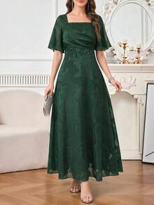 Amorya Women's Square Neck Green Elegant Long Dress With Short Sleeves, Summer Festival Outfits For Women Dress Green Dress - Green - View 7