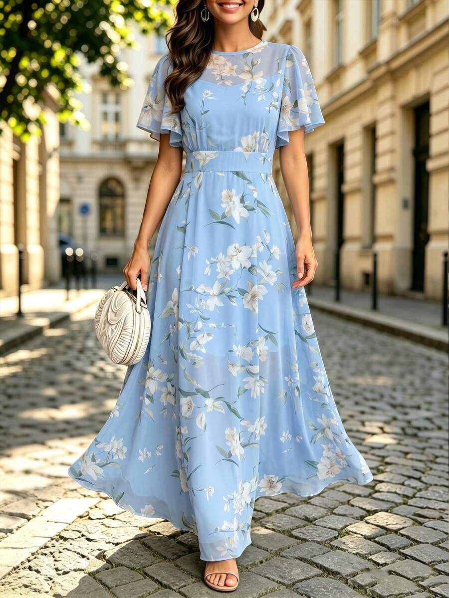 SHEIN LUNE 輕盈雪紡花卉印花時尚通勤百搭 A 字連身裙,附荷葉袖,女款 - 彩色 - 查看 1