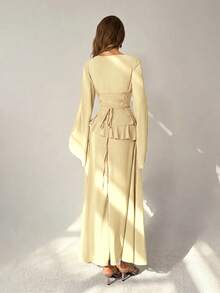 Aloruh Women's Elegant One-Shoulder Flare Sleeve Ruffle Cinched Waist Back Dress, Pale Yellow Gala Dinner Summer,Wedding Guest Clothes,Wedding Guest Dress Women - Light Yellow - View 5
