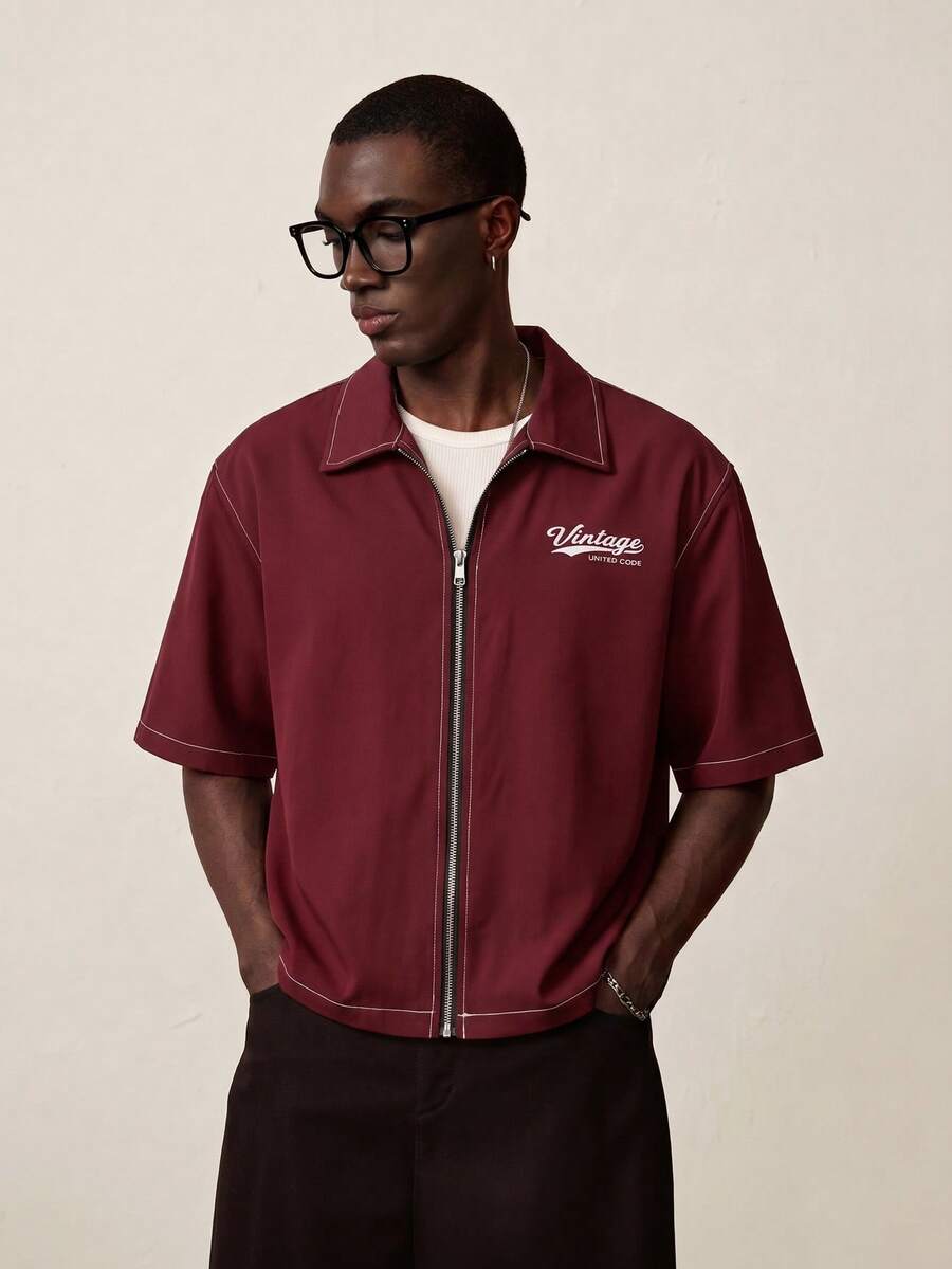 STYNVO Men's Casual Letter Print Zip-Up Short Sleeve Shirt, Summer - Burgundy - View 1