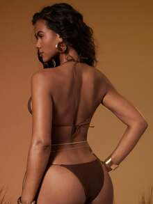 Hauture Tie Waist Fashion Studded Bikini Bottom,Chocolate Brown,Summer,Casual,Beach,Holiday,Vacation,Holiday Gold Studs Swimwear, Resort Chic Aesthetic - Brown - View 2