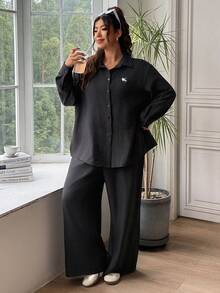 SHEIN EZwear 大码女式骑士印花单排扣长袖上衣和阔腿裤休闲两件套 - 黑色 - 查看 7
