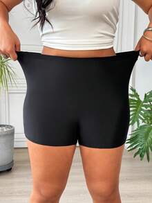 SHEIN EZwear 大码女式休闲运动日常通勤纯色高腰骑行短裤 - 黑色 - 查看 3