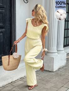 Serisse Women's Casual Solid Color Backless Jumpsuit, Summer - Yellow - View 5