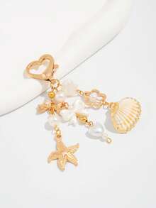 ROMWE Fairycore 1 Piece Fashionable Ocean Style Metal Keychain, Flower Love Bow Tassel Keychain, Inlaid With Imitation Pearls, For Bag Decoration, Holiday Style Jewelry, Holiday Gifts. - Golden yellow - marine elements - View 3
