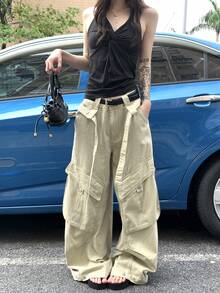 DAZY Atasan Wanita Modis Berwarna Polos Kasual Longgar dengan Celana Jeans Lebar dan Potongan Lebar - Khaki - View 8