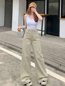 DAZY 女款純色極簡休閒寬腿牛仔褲校園風 - 卡其色 - 查看 4