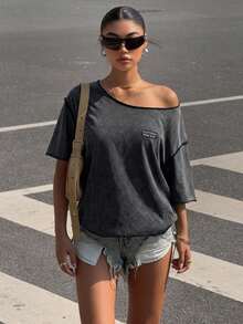 Muchica Camiseta casual de mujer con hombros caídos, estilo retro vintage, adecuada para uso en la calle - Negro - Ver 6