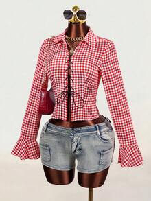 Mistrie Women's Sexy Cottage Core Retro V-Neck Eyelet Lace-Up Long Sleeved Plaid Shirt With Front And Middle Straps Ruffle Sleeves Design Picnic Oktoberfest - Red and White - View 7