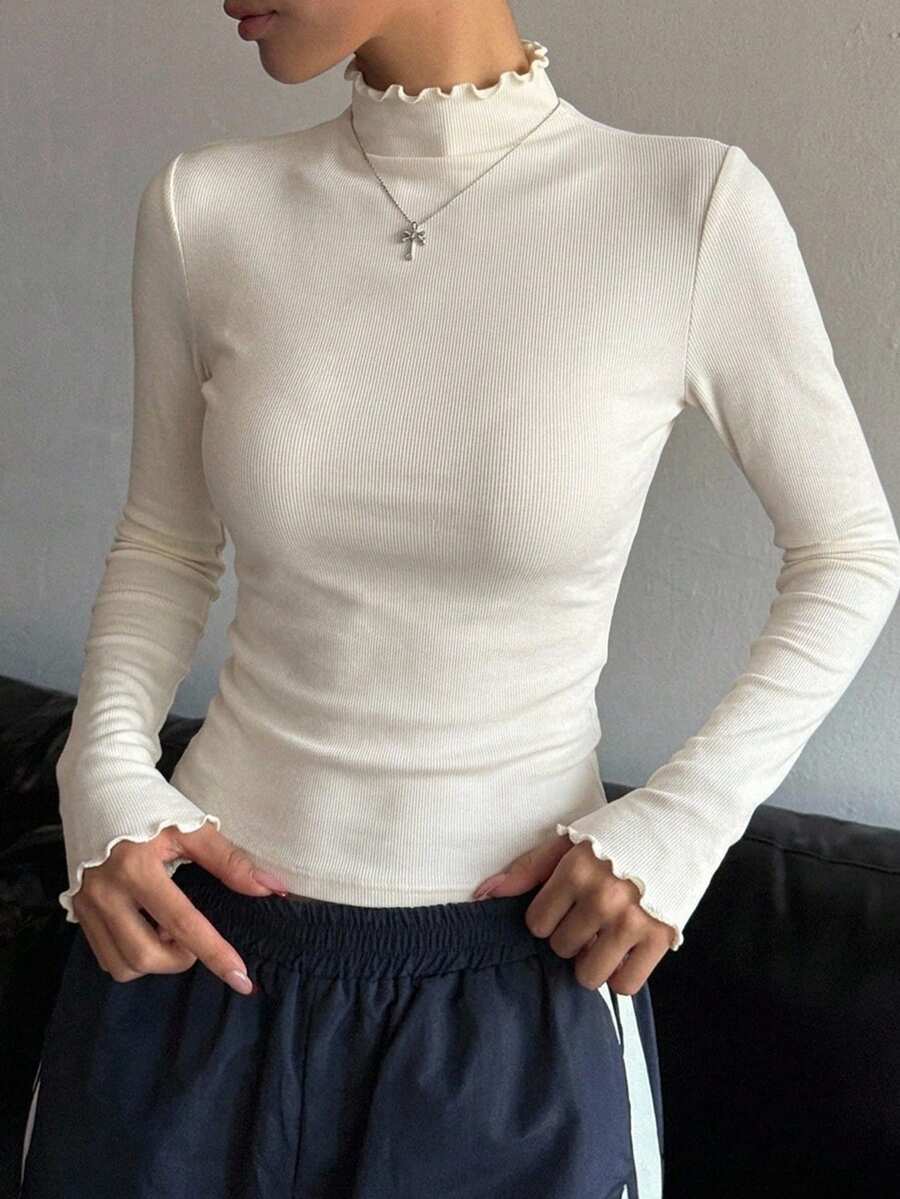 DAZY Solid Mock Neck Tee Long Sleeve Women Tops - Apricot - View 1