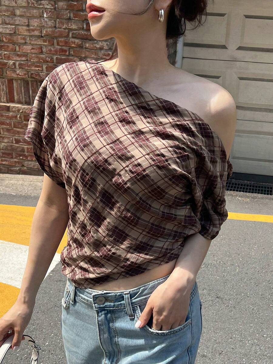 DAZY Plaid Asymmetrical Shoulder Casual Vacation Blouse For Women, Summer - Brown - View 1