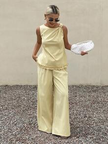 Conjunto de 2 piezas de top con detalle anudado y volantes y pantalones para mujer, estilo minimalista de verano - Amarillo - Ver 2