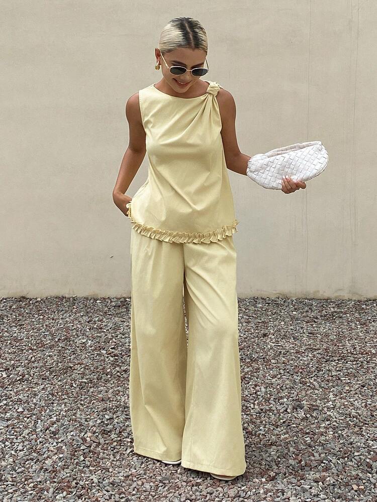 Conjunto de 2 piezas de top con detalle anudado y volantes y pantalones para mujer, estilo minimalista de verano - Amarillo - Añade 2