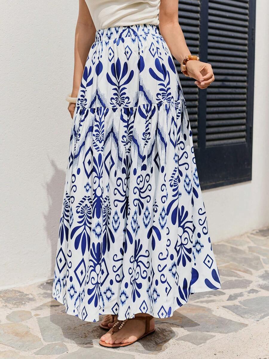 Vivid Eden Chân váy nữ dáng rộng in họa tiết Bohemian với chun co giãn - Xanh và trắng - Xem 1